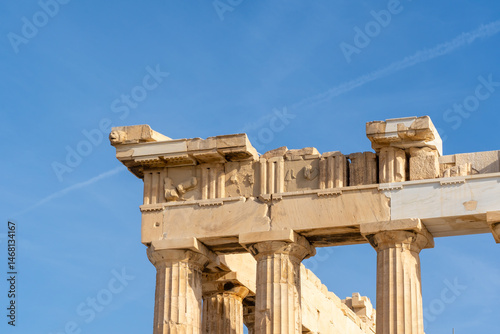 Part of the Parthenon facade on the Athenian Acropolis in Athens, Greece. The Parthenon is a former temple on the Athenian Acropolis, Greece.  photo