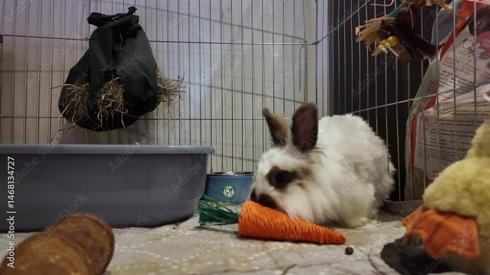 Adorable lionhead bunny playing indooors with a carro toy and grooms herself. High quality 4k footage