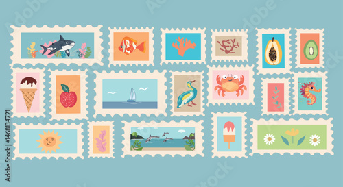  Summer vocation stamp,tropical travel stamps,set of  Vintage nautical postage stamps, cute hand drawn  cards with sea animals,seaweeds,summer fruits,island ,birds. vector illustration with Travel sta
