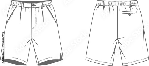 mens wide leg baggy bermuda shorts fashion flat sketch vector illustration technical cad drawing template
