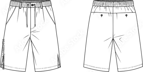 mens wide leg baggy bermuda shorts fashion flat sketch vector illustration technical cad drawing template
