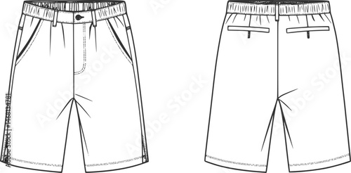 mens wide leg baggy bermuda shorts fashion flat sketch vector illustration technical cad drawing template
