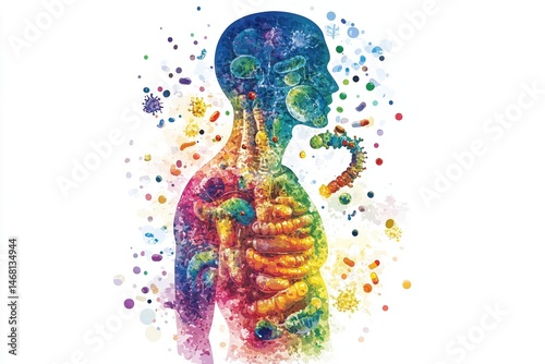 Colorful artistic depiction of human body digestive system with organs microbiome gut cells and immune health elements on white background