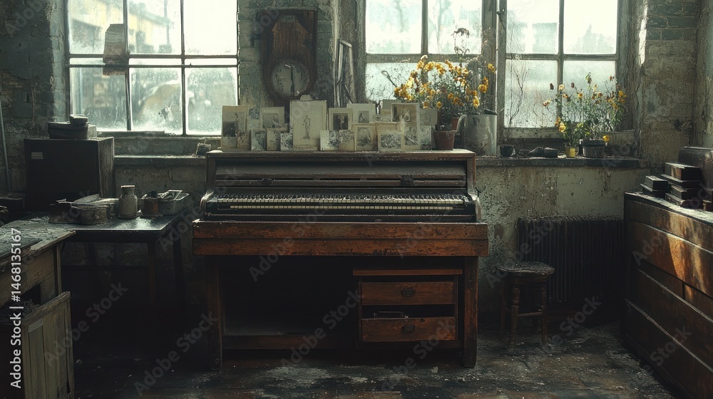 custom made wallpaper toronto digitalAntique Piano in a sunlit Rustic Workshop