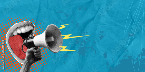 A human hand with a megaphone and a female open mouth on a blue background. Trendy halftone pop art collage. Inspiration, idea, trendy urban magazine style. Negative space for advertising.