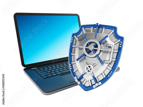 Iron shield protecting laptop computer on transparent background.. 3D illustration