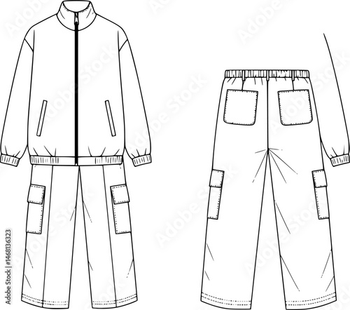 men's drawstring waist short pant and jogger bottom flat sketch vector illustration front and back view training tracksuit full zip long sleeve jacket and pants running jogging athletic sports wear 