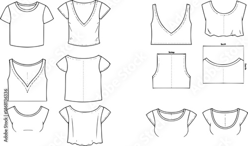 types of t shirt necklines flat sketch vector illustration technical cad drawing template
