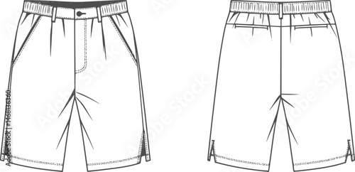 mens wide leg baggy bermuda shorts fashion flat sketch vector illustration technical cad drawing template
