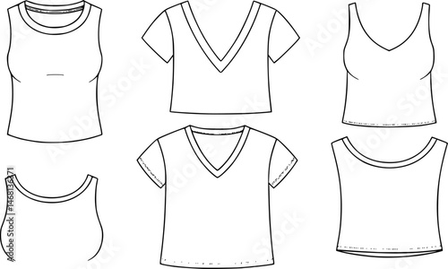 types of t shirt necklines flat sketch vector illustration technical cad drawing template

