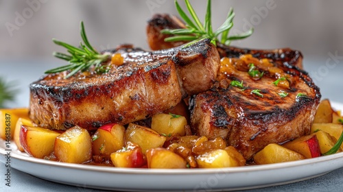 Glazed Pork Chops with Apples Autumn Feast on a Plate.