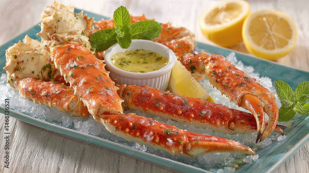King Crab Feast Legs on Ice with Butter Sauce Lemon Zest. King Crab Feast Legs on Ice with Butter Sauce Lemon Zest.