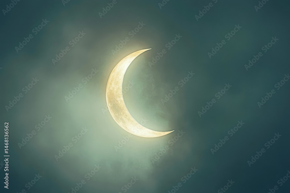 Fototapeta premium A crescent moon shines brightly in a cloudy twilight sky, a celestial scene of serene beauty.