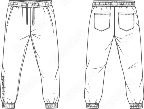 men's drawstring waist short pant and jogger bottom flat sketch vector illustration front and back view training tracksuit full zip long sleeve jacket and pants running jogging athletic sports wear 