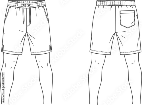 mens wide leg baggy bermuda shorts fashion flat sketch vector illustration technical cad drawing template

