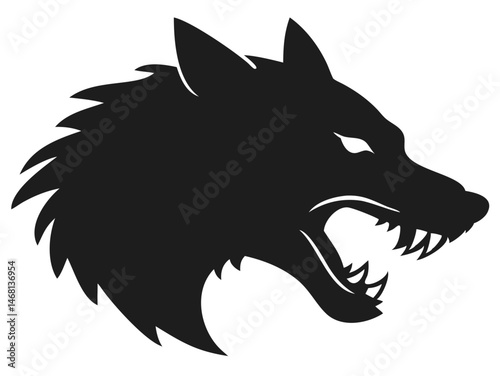 Detailed black wolf silhouette vector illustration with snarling expression and sharp teeth