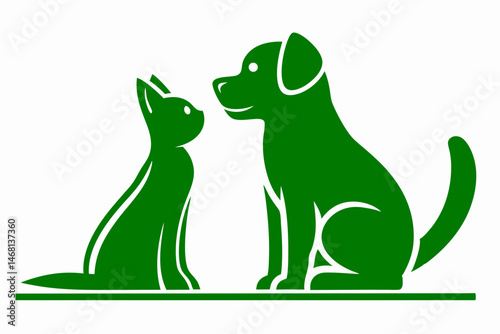 Green silhouette of a dog and cat symbolizing pet companionship on a white background