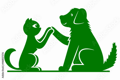 Green silhouetted cat and dog high fiving symbolizing friendship and pet companionship
