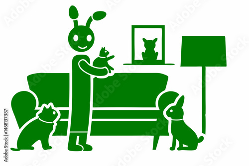 Green vector illustration of a person and their pets relaxing in a modern home