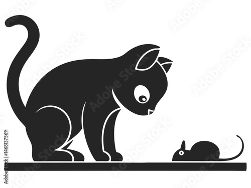 Minimalist black silhouette of a cat observing a small mouse vector illustration