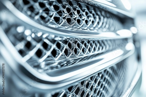 Close-up of a luxury car's chrome grille, showcasing intricate detailing and a sleek design.