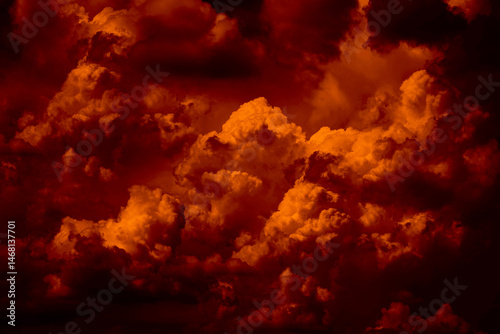 Tableau sur toile Black dark blood red fire orange yellow sky with clouds