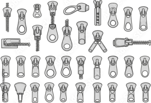 zipper pullers vector illustration zip heads, zipper sliders flat sketch
