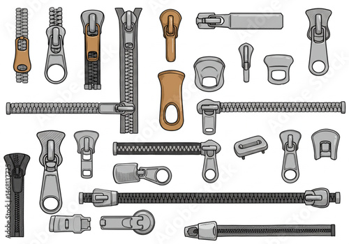zipper pullers vector illustration zip heads, zipper sliders flat sketch
