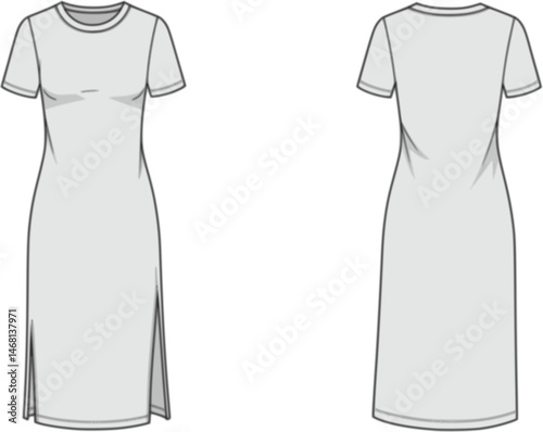 womens short sleeve crew neck midi dress with side slit fashion flat sketch vector illustration fluid jersey dress front and back view technical cad drawing template
