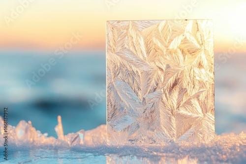 A frosty glass pane displays intricate ice crystals against a blurred sunset seascape.