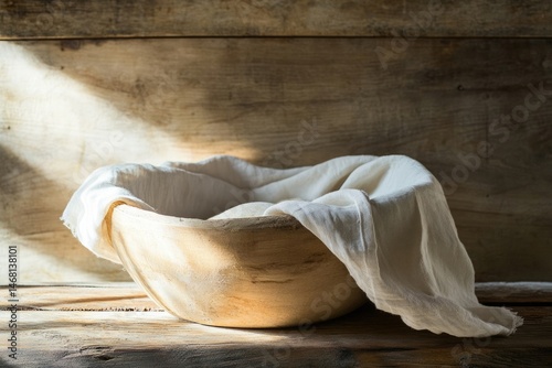 A wooden bowl covered with a white cloth sits on a rustic wooden surface, bathed in sunlight.