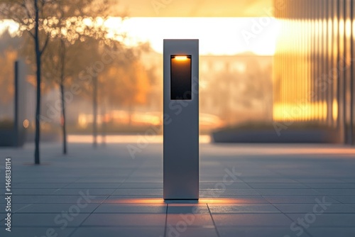 Modern outdoor lamp post illuminates a paved plaza at sunset, casting a warm glow.