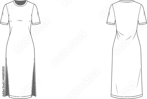 womens short sleeve crew neck midi dress with side slit fashion flat sketch vector illustration fluid jersey dress front and back view technical cad drawing template