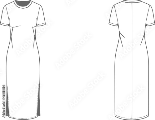 womens short sleeve crew neck midi dress with side slit fashion flat sketch vector illustration fluid jersey dress front and back view technical cad drawing template