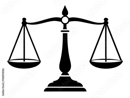 Silhouette of antique balance scales with coins representing justice and wealth