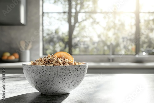 A bowl of granola with a slice of apricot sits on a kitchen counter, bathed in sunlight streaming through a window.