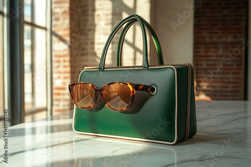 A green leather handbag with tortoise shell sunglasses resting on top. Stylish and elegant.
