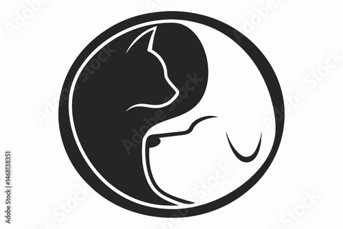 Yin and yang symbol with cat and dog silhouettes representing harmony and balance