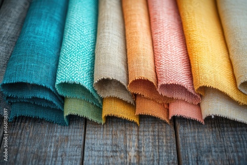 Assortment of colorful fabric rolls displayed on a rustic wooden surface.