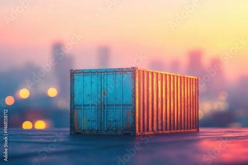 A rusty shipping container sits at sunset against a blurred cityscape, symbolizing global trade and logistics.