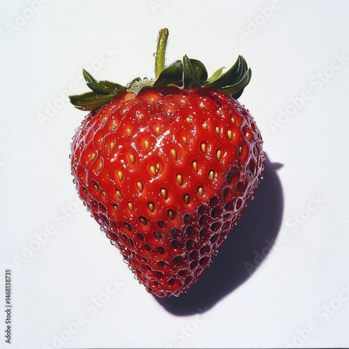 A single, ripe strawberry, glistening with dew, is showcased against a stark white backdrop.