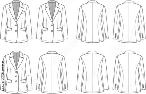flat sketch set of women's blazer jacket technical cad drawing vector template
