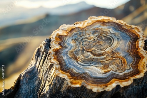 A mesmerizing petrified wood cross-section reveals intricate concentric rings of vibrant colors against a blurred mountain backdrop.