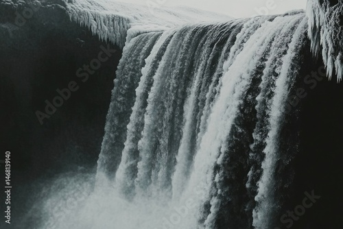 Frozen waterfall cascading down dark rock face, icy formations clinging to the edges.
