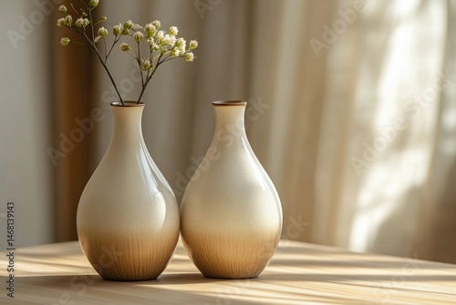 Two elegant, cream and brown ceramic vases hold delicate white flowers, creating a serene, minimalist scene.