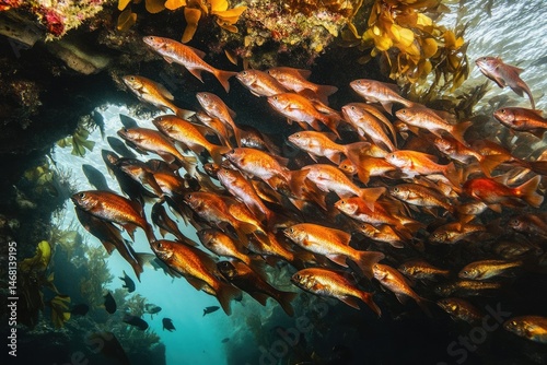 A large school of orange fish swims in a dark underwater cave, surrounded by kelp.