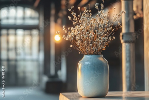 Dried flowers in a speckled light blue vase, bathed in warm sunlight, set against a blurred industrial background.