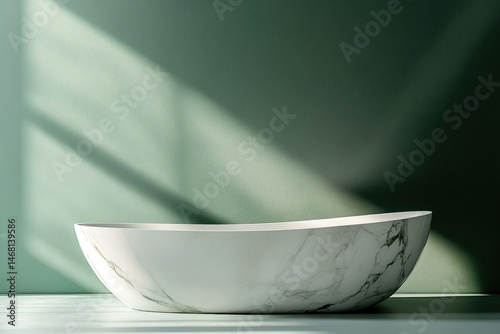 Elegant freestanding marble bathtub in a serene green room bathed in sunlight.