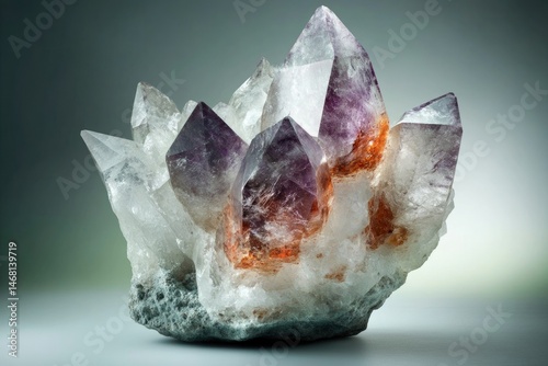 A stunning cluster of amethyst and quartz crystals, displaying vibrant purple and orange hues, set in a grey matrix.