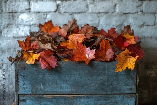 A rustic wooden crate overflowing with vibrant autumn leaves, showcasing the beauty of fall.